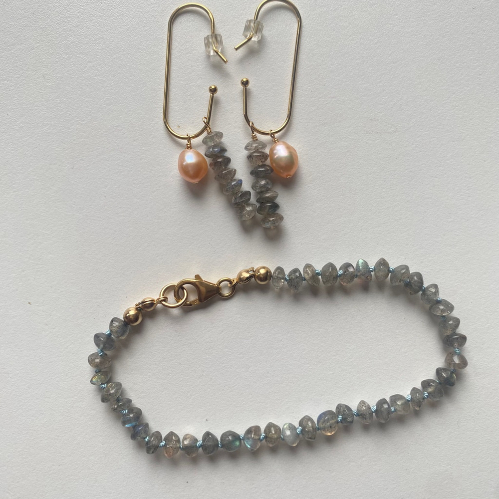 14K Gold filled labradorite and Pearl bracelet earring set